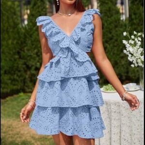 Glamaker Light Blue Lace Eyelet Tiered Ruffle V-Neck Tie-Back Mini Dress